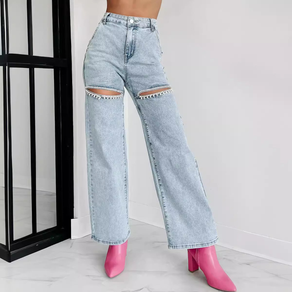 Jeanne | Jeans Women's Washed Chain Ripped Straight Pants