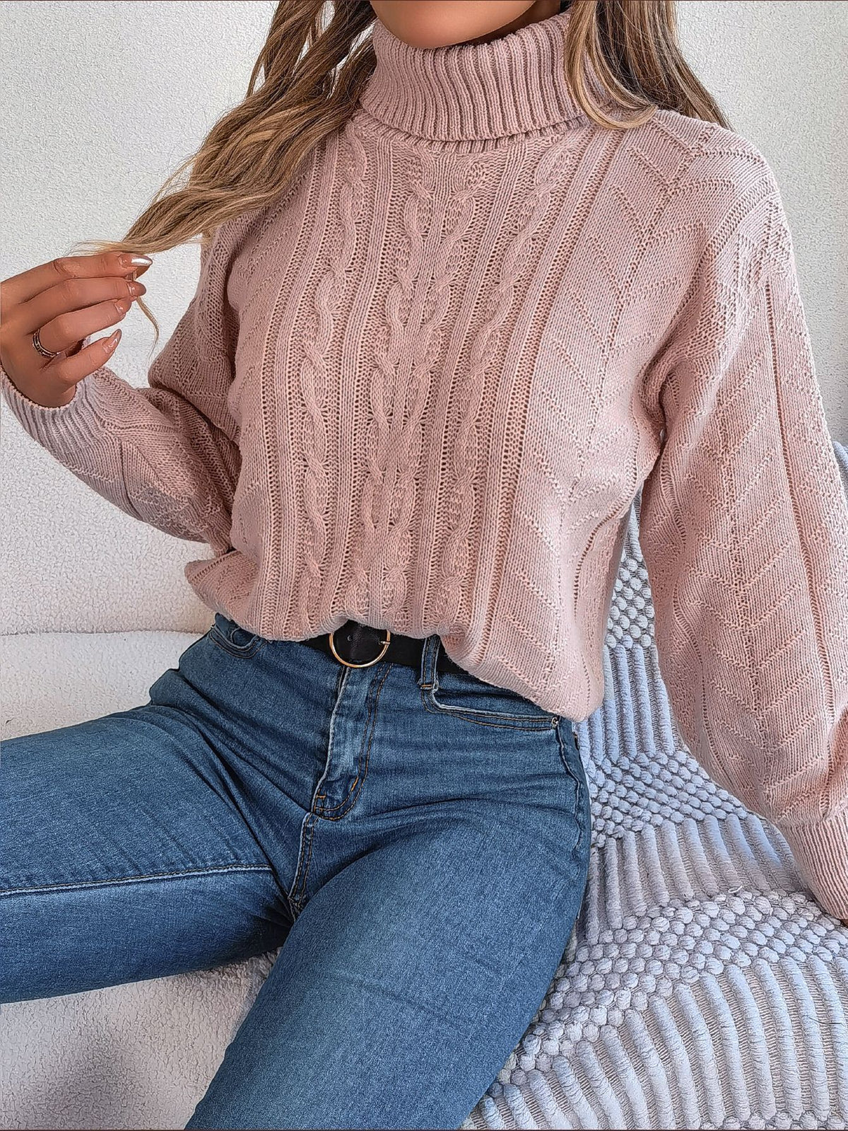 Maren | Loose High Collar Twist Long Sleeve Knitted Pullover Sweater