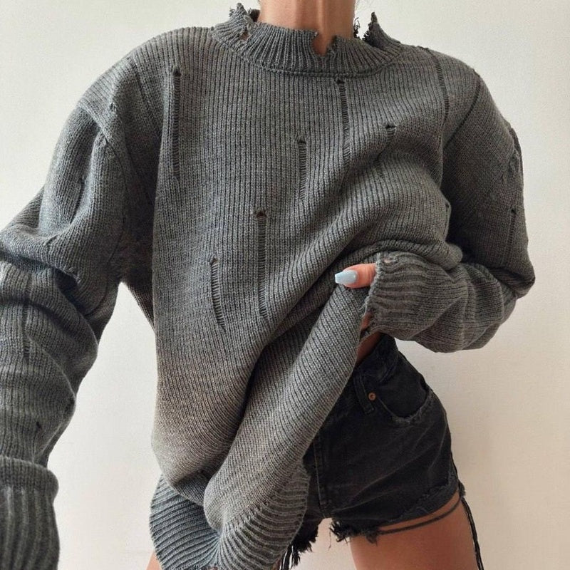 Maisie | Loose Pullover Top Women's Hand Frayed Round Neck Sweater