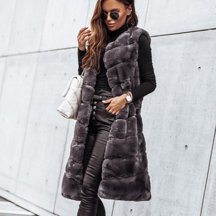 Olivia | Long Round Neck Fur Vest Jacket