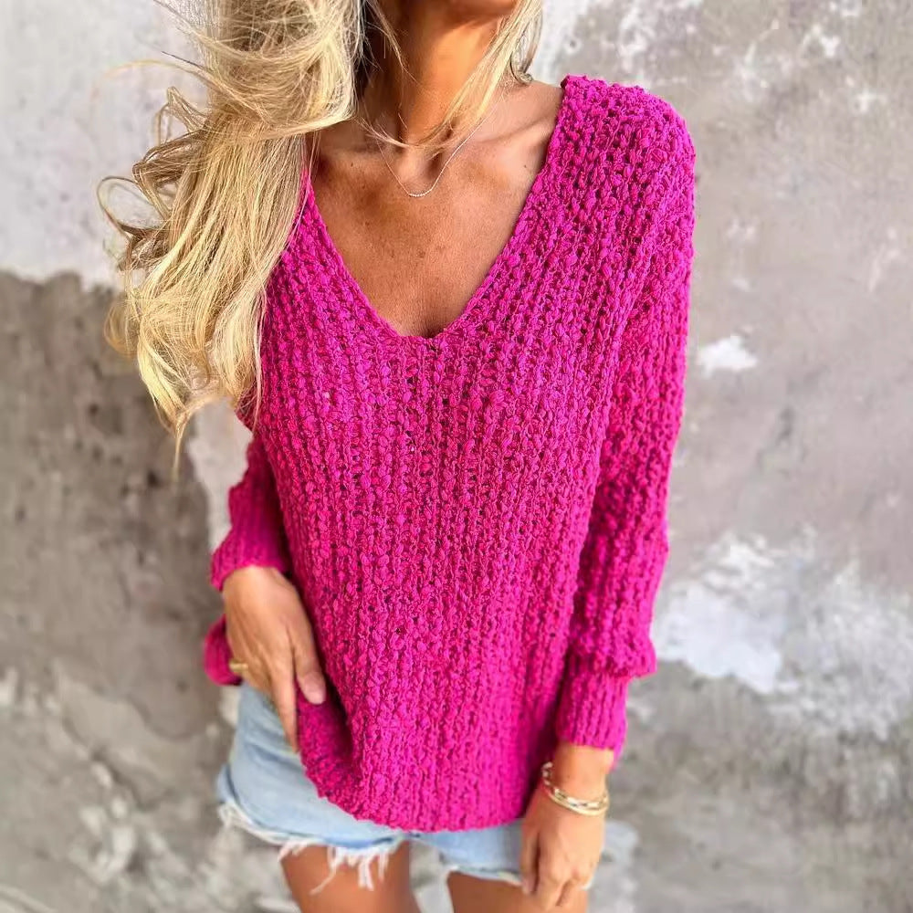 Lucy | Autumn And Winter New Coarse Flower Knitted V-neck Laid-back Long Sleeve Sweater