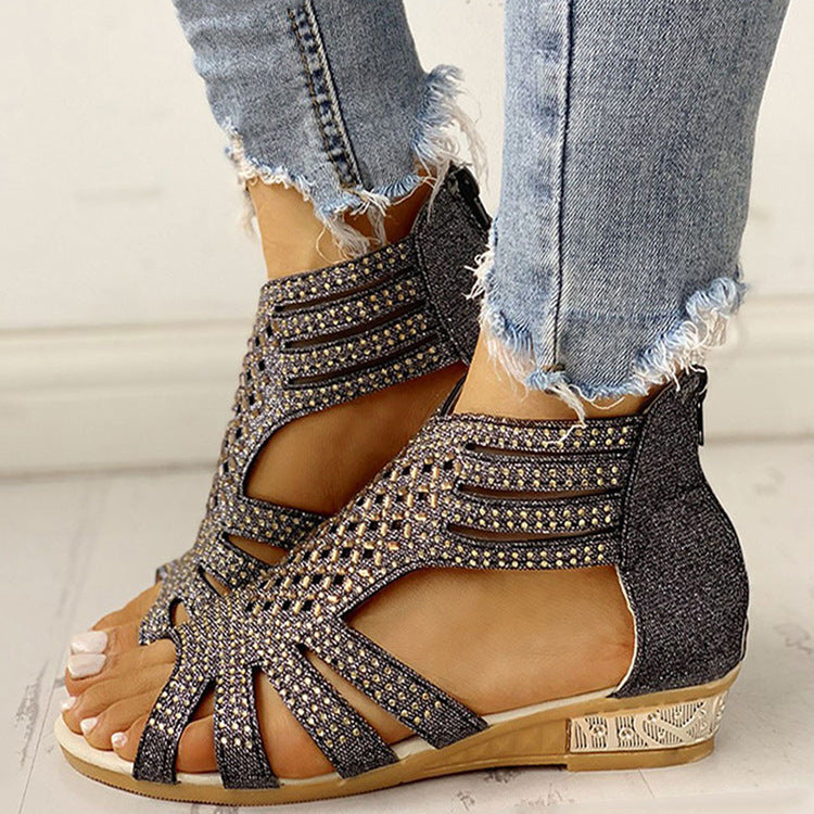 Lila | Flat Cutout Roman Rhinestone Sandals