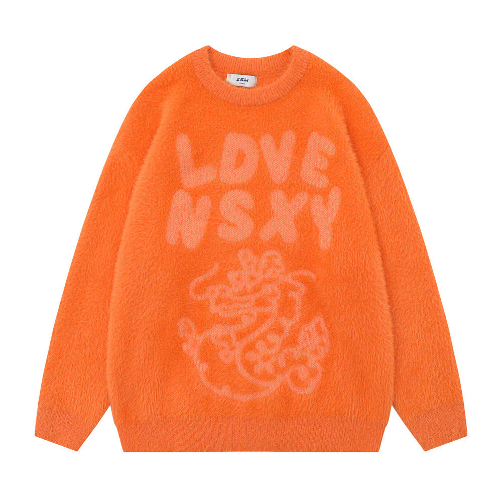 Nancy | Letter Dragon Jacquard And Fleece Lining Sweater Autumn And Winter