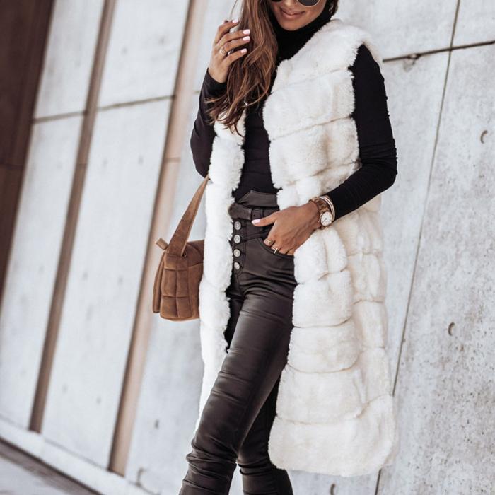 Olivia | Long Round Neck Fur Vest Jacket