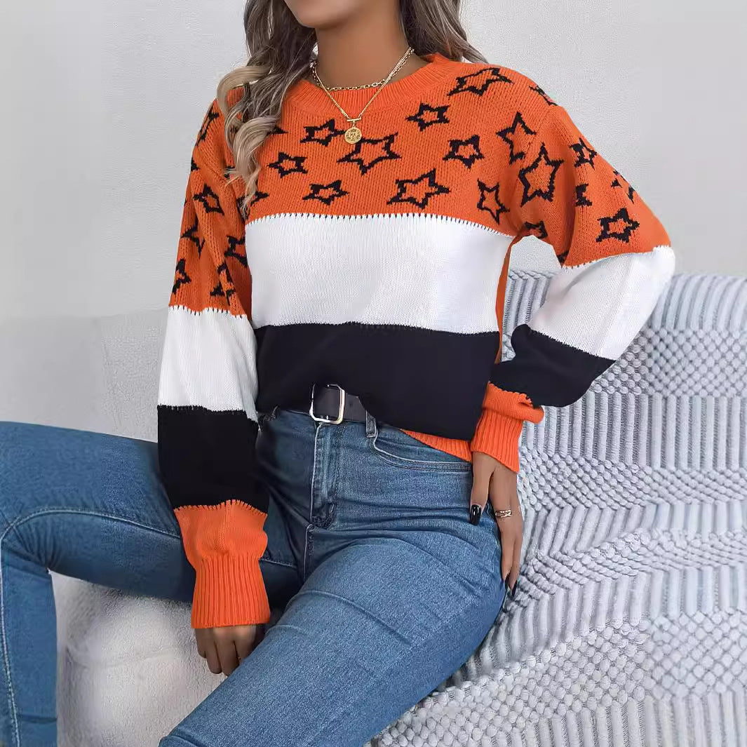 Zoe | Casual Multicolor Star Hollow Lantern Sleeve Pullover Sweater