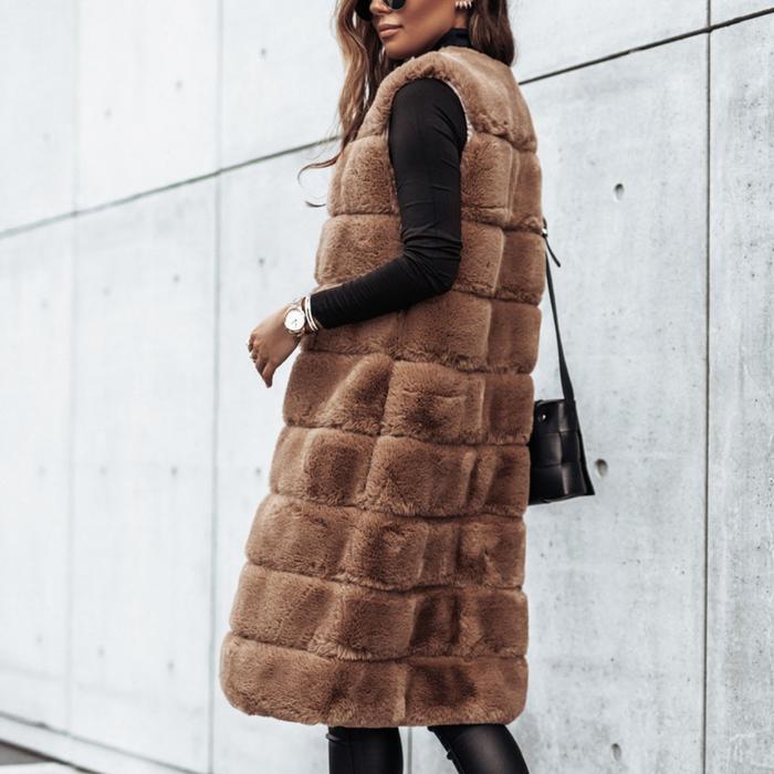 Olivia | Long Round Neck Fur Vest Jacket