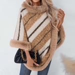 Hazel | Cape Fur Collar Striped Knitted Shawl Sweater For Women