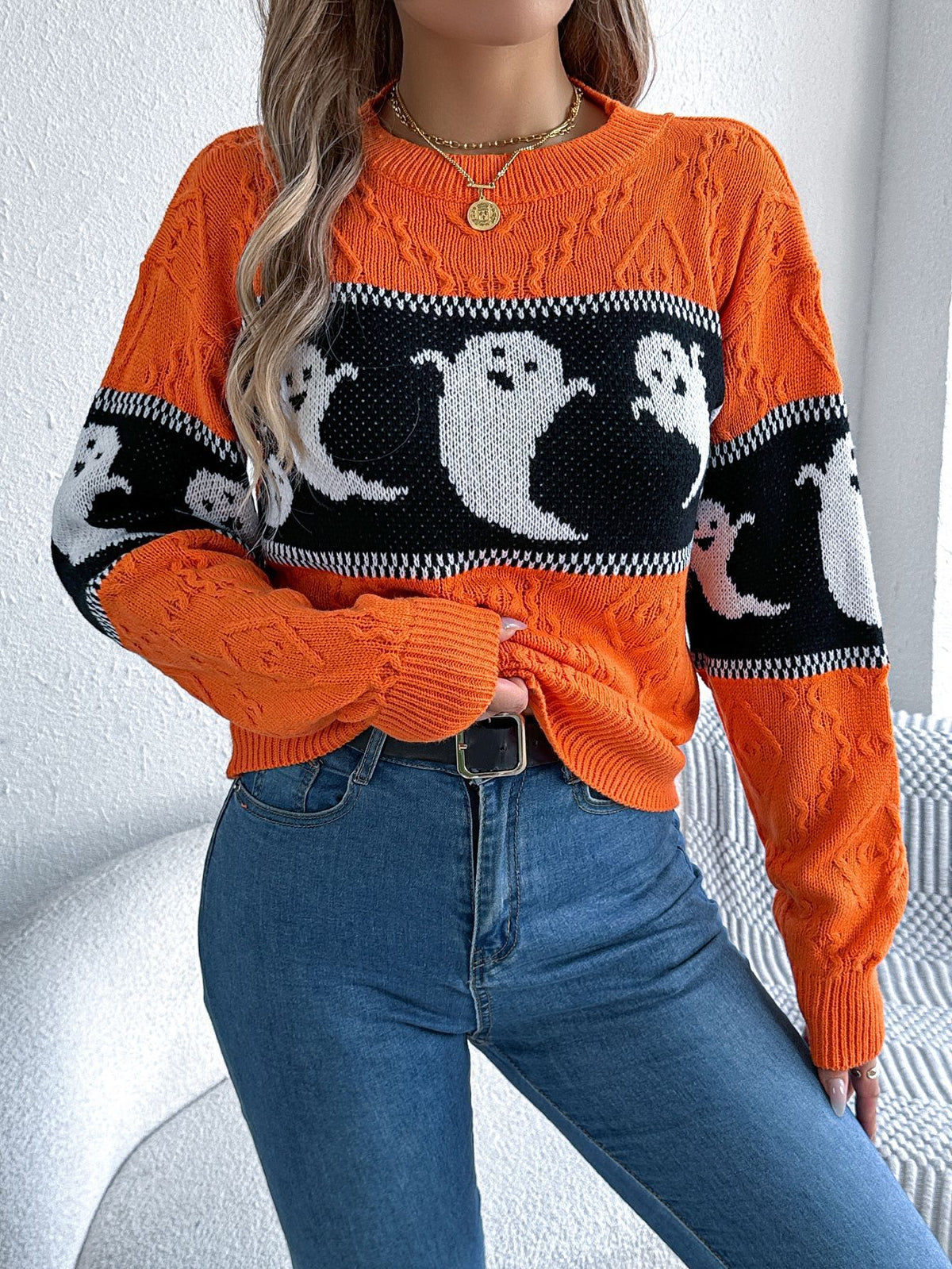 Noémie | Halloween Ghost Contrast Color Knitted Long-sleeved Pullover