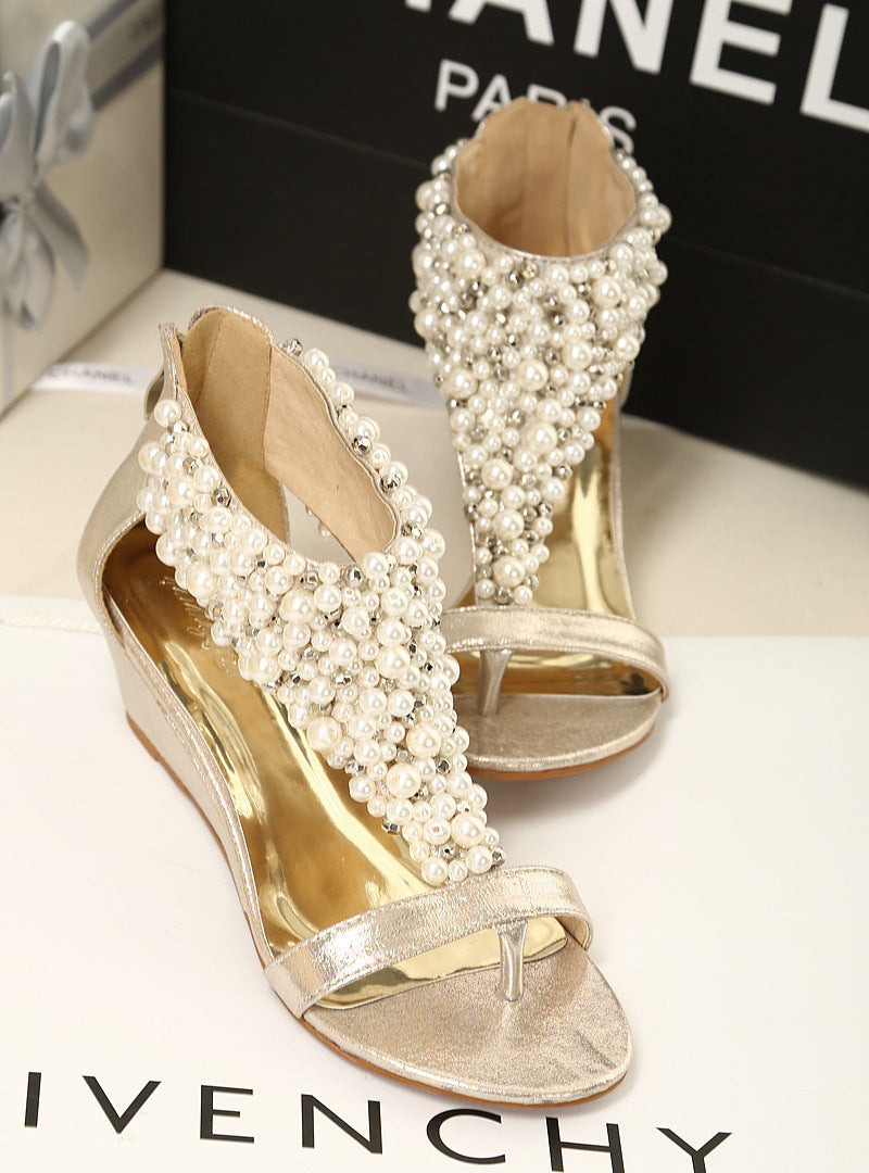 Livia | Summer Fashion Beaded Rhinestone Flip-toe Wedge Women's Shoes