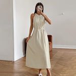 Charlotte | Khaki Halter Linen Elegant Lace-up Nipped-waist Vest Dress