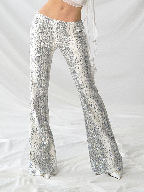 Kinsley | Low Rise Snake Print Sequin Slim Fit Flared Pants