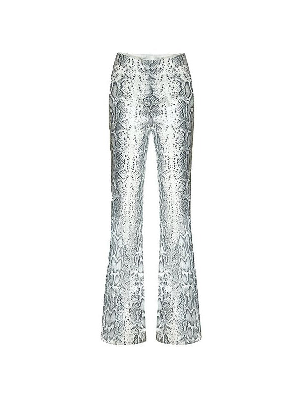 Kinsley | Low Rise Snake Print Sequin Slim Fit Flared Pants