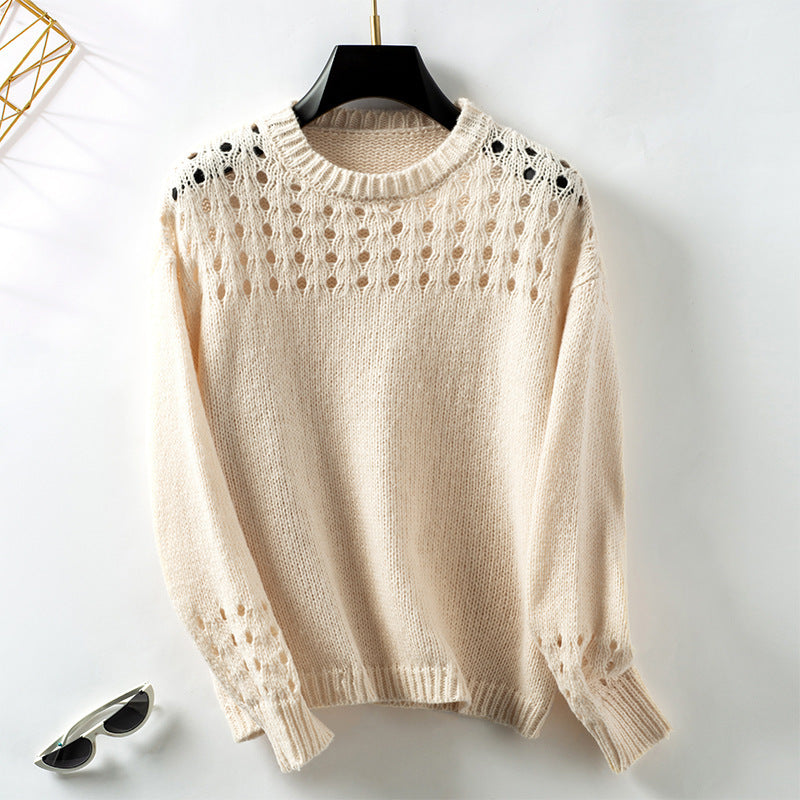 Caroline | Cross Border Hollow Sweater Pullover Solid Color Round Neck Clothing Top