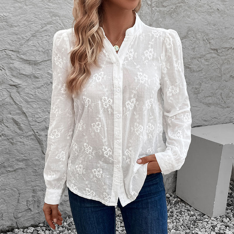 Clémence | Long-sleeved Shirt Commuter Hollow Lace Jacquard Shirt