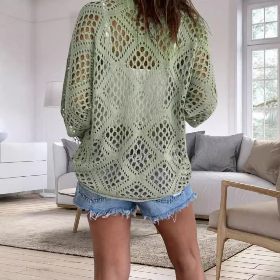 Celine | Stylish Beach Style Long Sleeve Knitted Blouse Hand Crocheting Solid Color