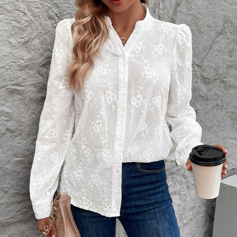 Clémence | Long-sleeved Shirt Commuter Hollow Lace Jacquard Shirt