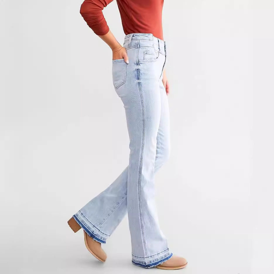 Cécile | Women's High Waist Button Row Elastic Denim Pants