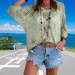 Celine | Stylish Beach Style Long Sleeve Knitted Blouse Hand Crocheting Solid Color