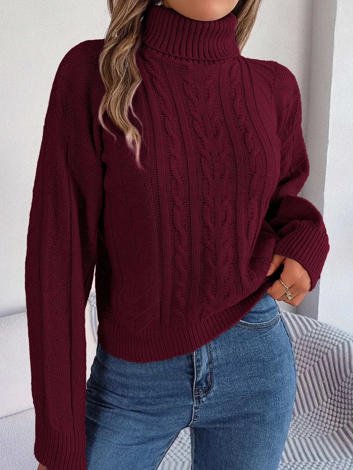 Maren | Loose High Collar Twist Long Sleeve Knitted Pullover Sweater