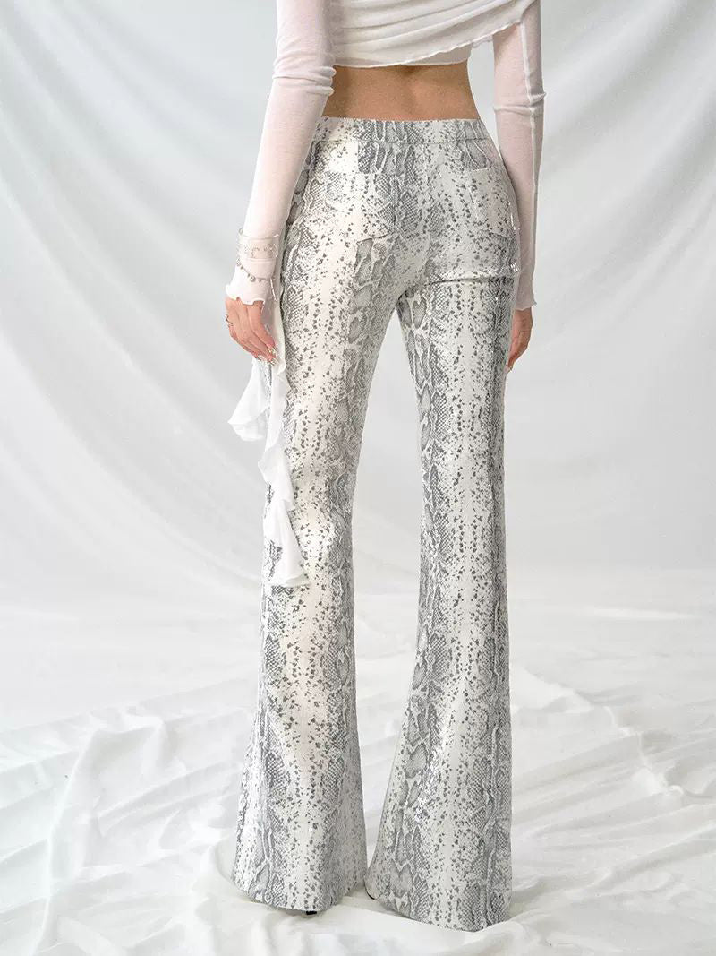 Kinsley | Low Rise Snake Print Sequin Slim Fit Flared Pants