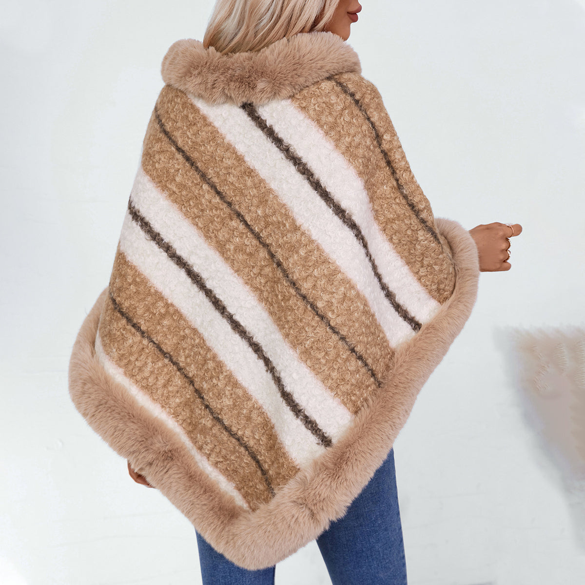 Hazel | Cape Fur Collar Striped Knitted Shawl Sweater For Women