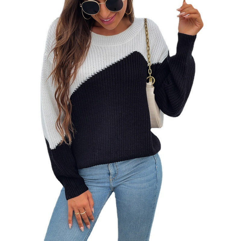 Léonie | Round Neck Contrast Stitching Pullover Sweater