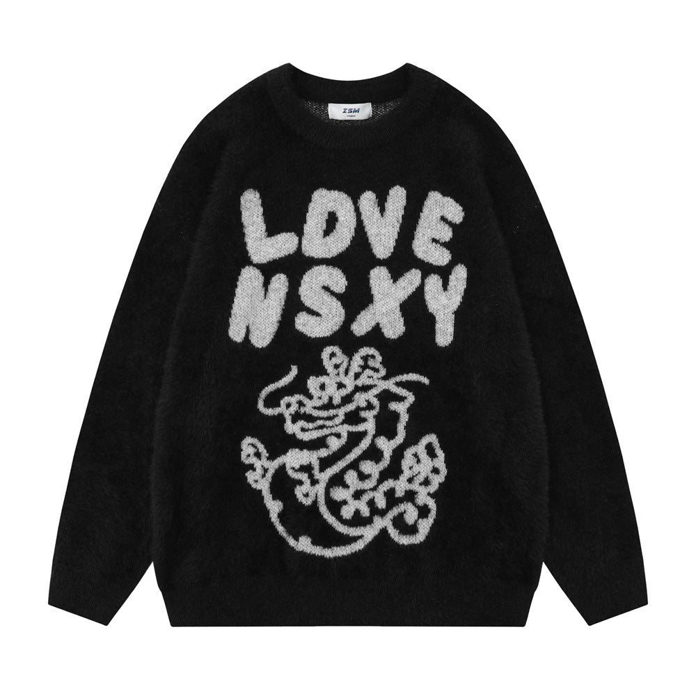 Nancy | Letter Dragon Jacquard And Fleece Lining Sweater Autumn And Winter