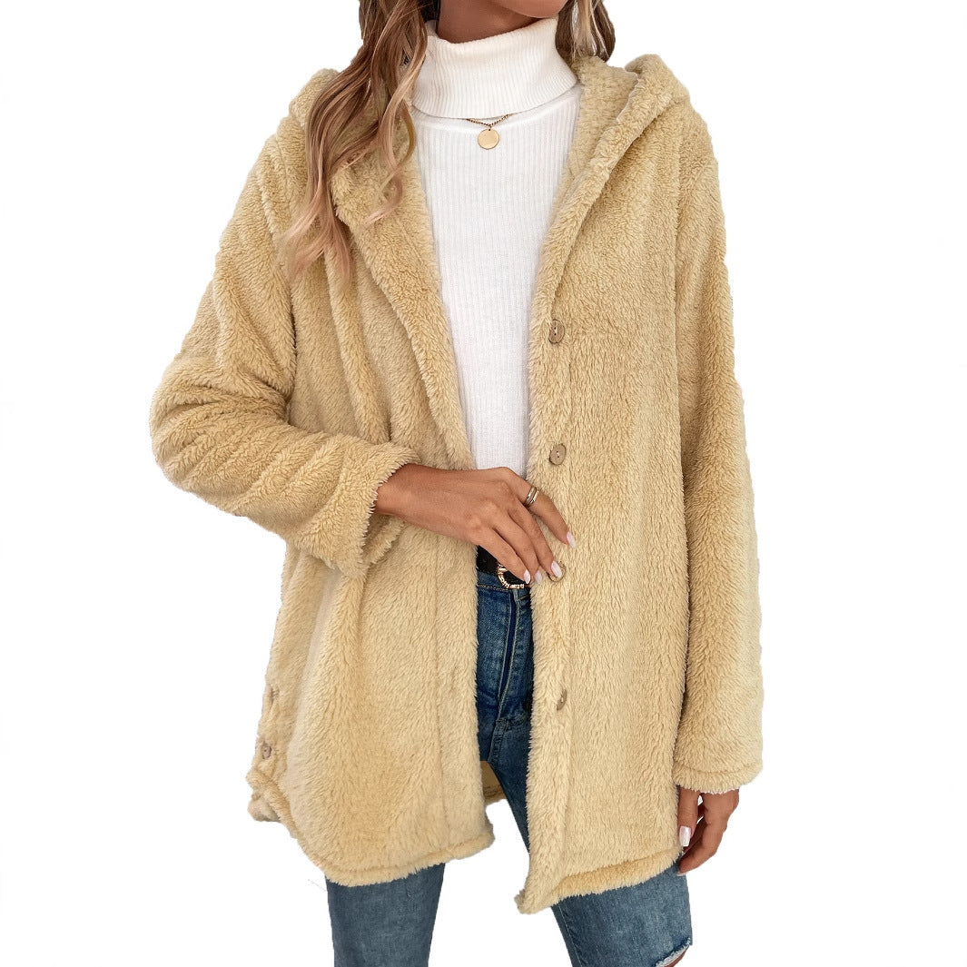 Mia | Button Plush Irregular Solid Color Hooded Jacket