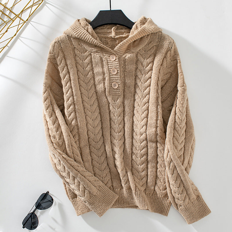 Marion | Hooded Pullover Women's Button Cable-knit Sweater