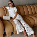 Audrey | Cotton Lace White Jacquard See-through High Waist Casual Flared Pants