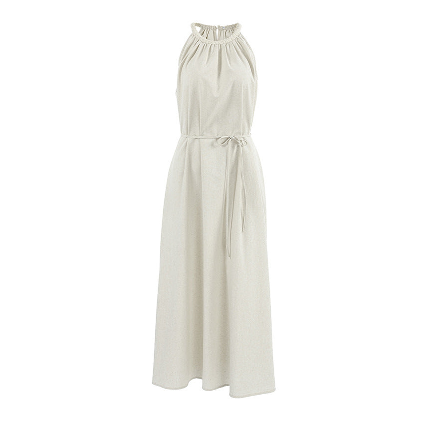 Charlotte | Khaki Halter Linen Elegant Lace-up Nipped-waist Vest Dress