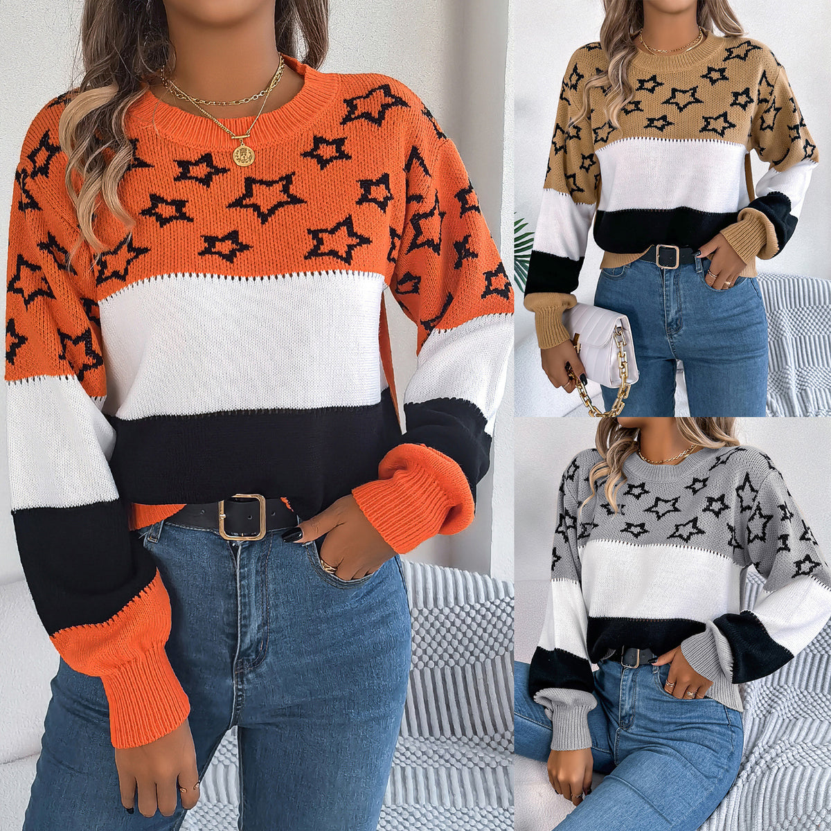 Zoe | Casual Multicolor Star Hollow Lantern Sleeve Pullover Sweater