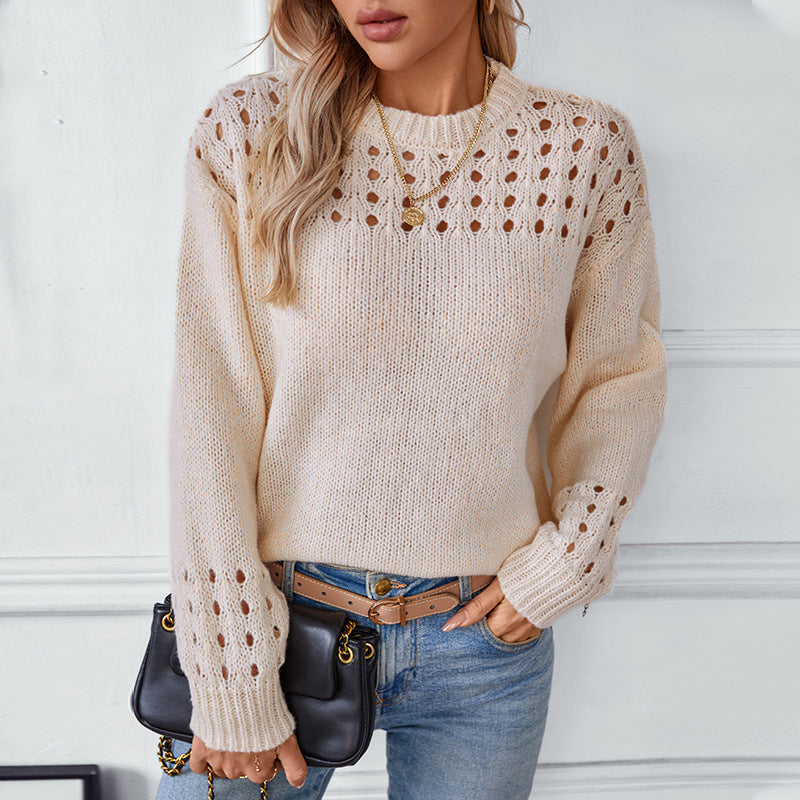 Caroline | Cross Border Hollow Sweater Pullover Solid Color Round Neck Clothing Top