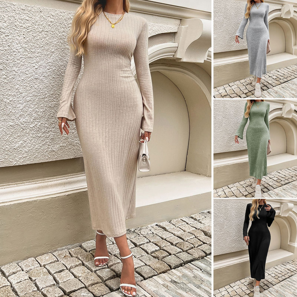 Aurore | New Bell Sleeve Solid Color Knitted Dress Women's Clothing