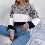 Zoe | Casual Multicolor Star Hollow Lantern Sleeve Pullover Sweater