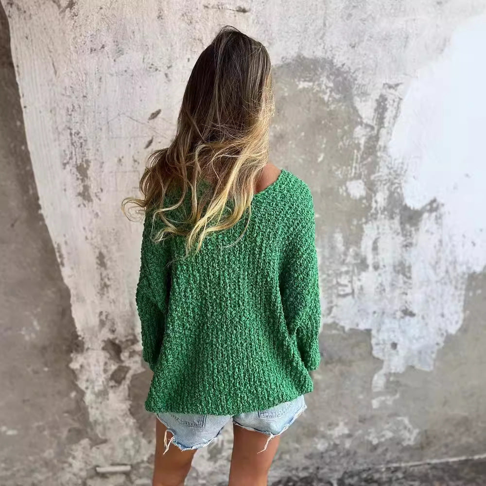 Lucy | Autumn And Winter New Coarse Flower Knitted V-neck Laid-back Long Sleeve Sweater