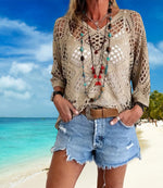 Celine | Stylish Beach Style Long Sleeve Knitted Blouse Hand Crocheting Solid Color