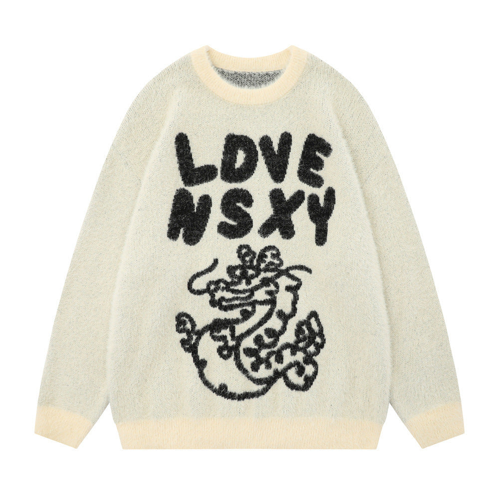 Nancy | Letter Dragon Jacquard And Fleece Lining Sweater Autumn And Winter